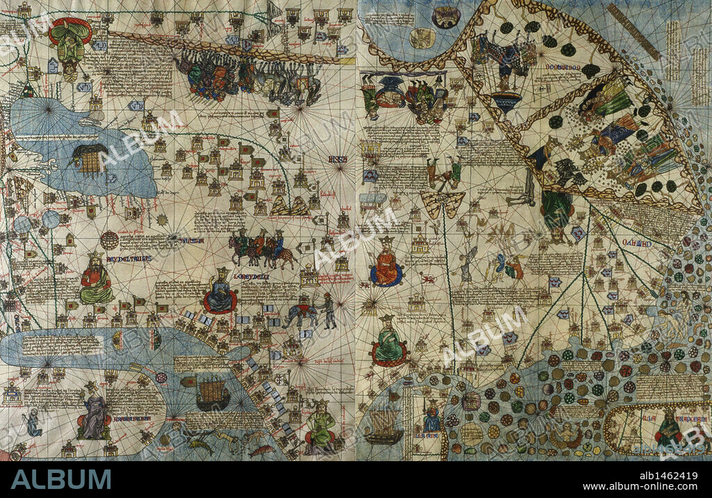 ATLAS CATALAN DE ABRAHAM Y JAFUDA CRESQUES (año 1375). Cartógrafos judíos de la escuela mallorquina "Representación del mundo conocido entonces". Detalle de la REPRODUCCION que se encuentra en el Museo Naval de Madrid. España.