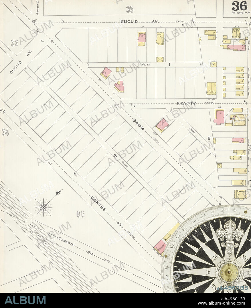 Image 37 of Sanborn Fire Insurance Map from Pittsburgh, Allegheny County, Pennsylvania. 1893 Vol. 3. 109 Sheet(s). Bound, America, street map with a Nineteenth Century compass.