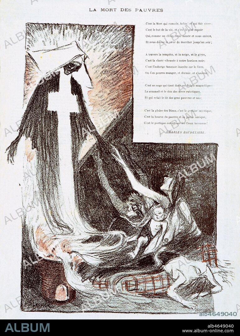 Illustration par Paul BALLURIAU (1860-1917) du poeme de Charles BAUDELAIRE (1821-1867) ' La mort des pauvres' (IN FLEURS DU MAL) tire de Gil Blas du 6/01/1895. Un squelette habille en religieuse tend la main a une famille miserable. Credit : Collection KHARBINE-TAPABOR.