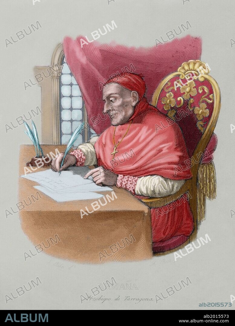 ARMAÑA I FONT, Francisco (Vilanova i La Geltrú, 1718-Tarragona, 1803). Eclesiástico y teólogo. Obispo de Lugo en 1768 y Arzobispo de Tarragona de 1785 a 1803. Grabado de A. Roca según un dibujo de Ribó. Coloreado.