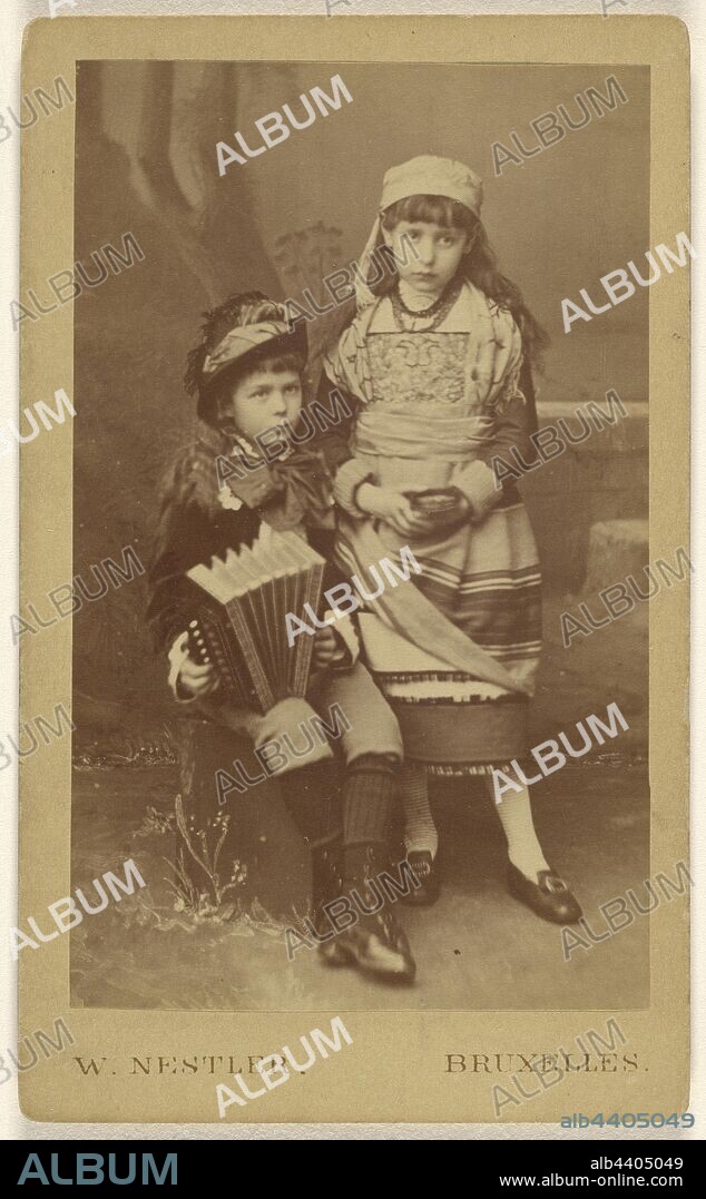 Two unidentified girls: one seated with an accordion, the other standing, Wilb. Nestler (Belgian, active Brussels, Belgium 1880s), 1870–1880, Albumen silver print.