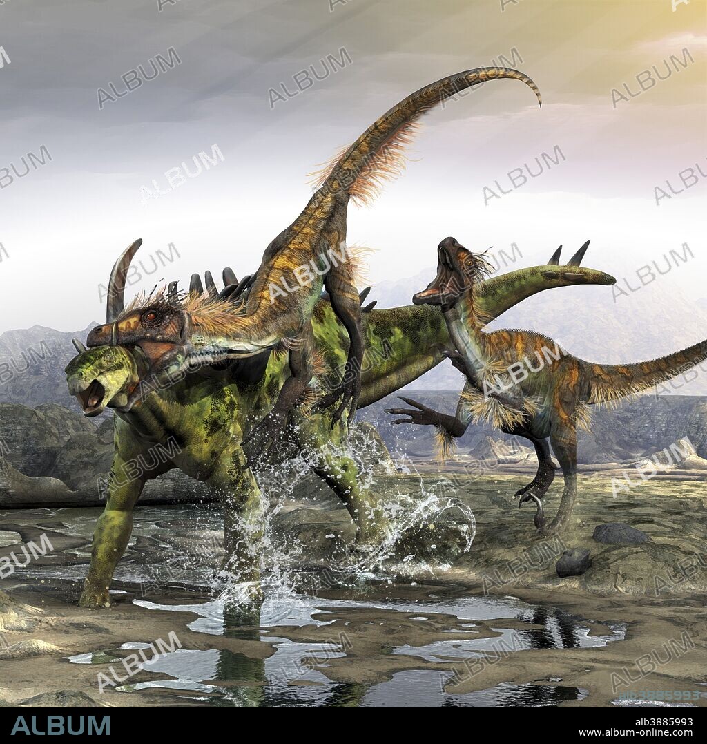 A Utahraptor manages to slip through a Gigantspinosaurus's armor with a throat kill.