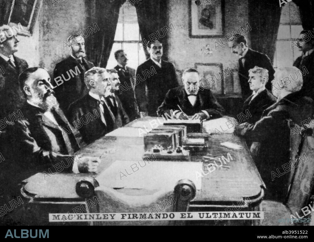McKinley signs the ultimatum, 12th April 1898, (c1910). McKinley signs the joint resolution for war with Spain, and the ultimatum is forwarded to Spain. As 25th President of the United States, McKinley served from 1897 until his assassination in September 1901. He led the nation to victory in the Spanish-American War, raised protective tariffs to promote American industry, and maintained the nation on the gold standard in a rejection of inflationary proposals. Cigar card from the History of Cuba, Geografico Universal, Propaganda de los Cigarros Susini y La Corona, Tabacalera Cubana.