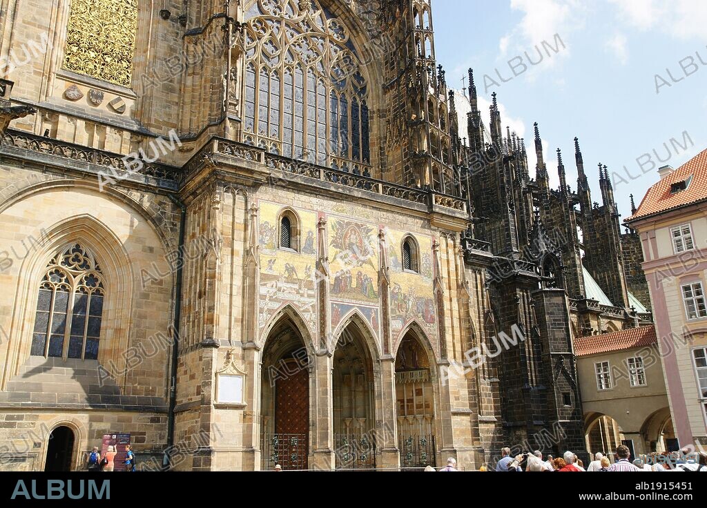 Czech Republic. Prague. St. Vitus Cathedral. Gothic style, 14th century. Golden Gate decorated with Venetian mosaics by Niccoletto Semitecolo. Depictions of the Last Judgment. 14th century. Castle complex. Hradcany district.