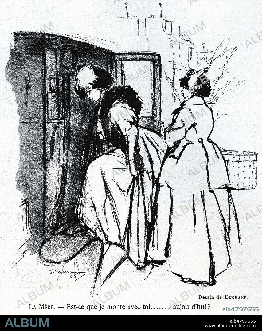 La mere : Est-ce que je monte avec toi... aujourd'hui ? Caricature de Marcel DUCHAMP (1887-1968) pour Le Courrier francais du 21 janvier 1909. ADAGP. Credit : Collection Dixmier/Kharbine-Tapabor.