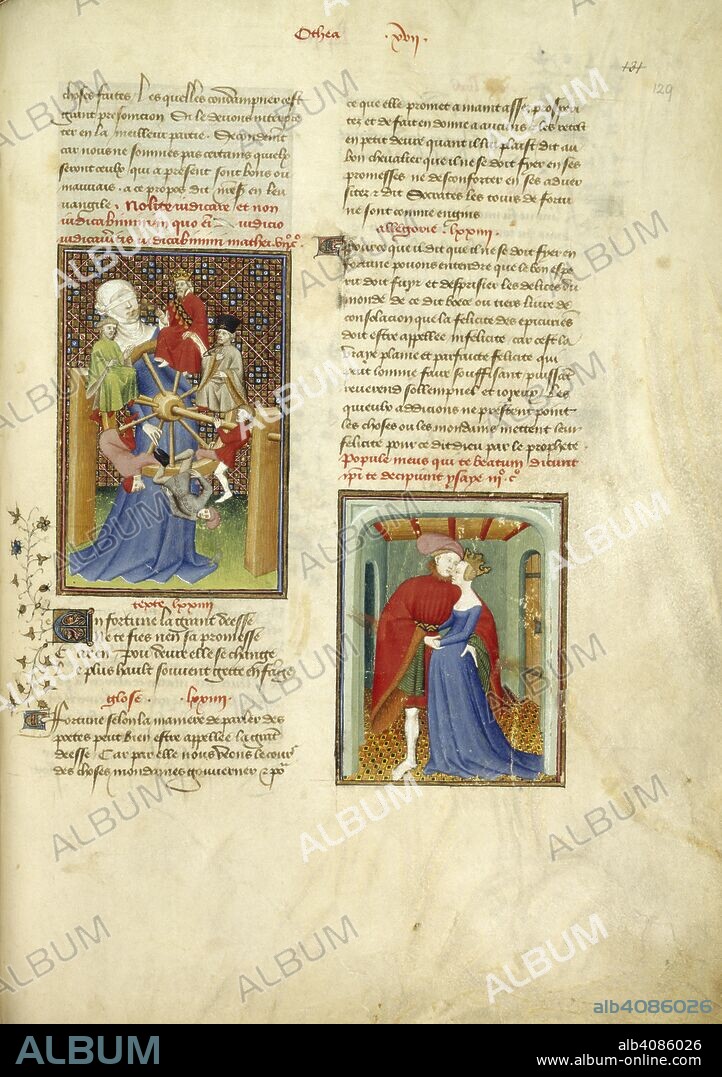 CHRISTINE DE PISAN. Miniature of the Wheel of Fortune; miniature of Paris embracing Helen. 'The Book of the Queen'. c. 1410-c. 1414. Source: Harley 4431, f.129. Language: French.