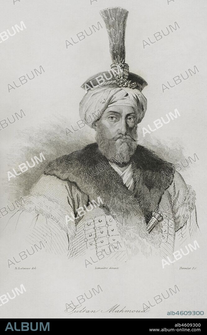 Mahmud I (1698-1754). Sultán del Imperio Otomano entre 1730 y 1754. Grabado por Lemaitre, H. Lalaisse y Pannier. Historia de Turquía, por Joseph Marie Jouannin (1783-1844) y Jules Van Gaver. Panorama Universal, edición española de 1840.
