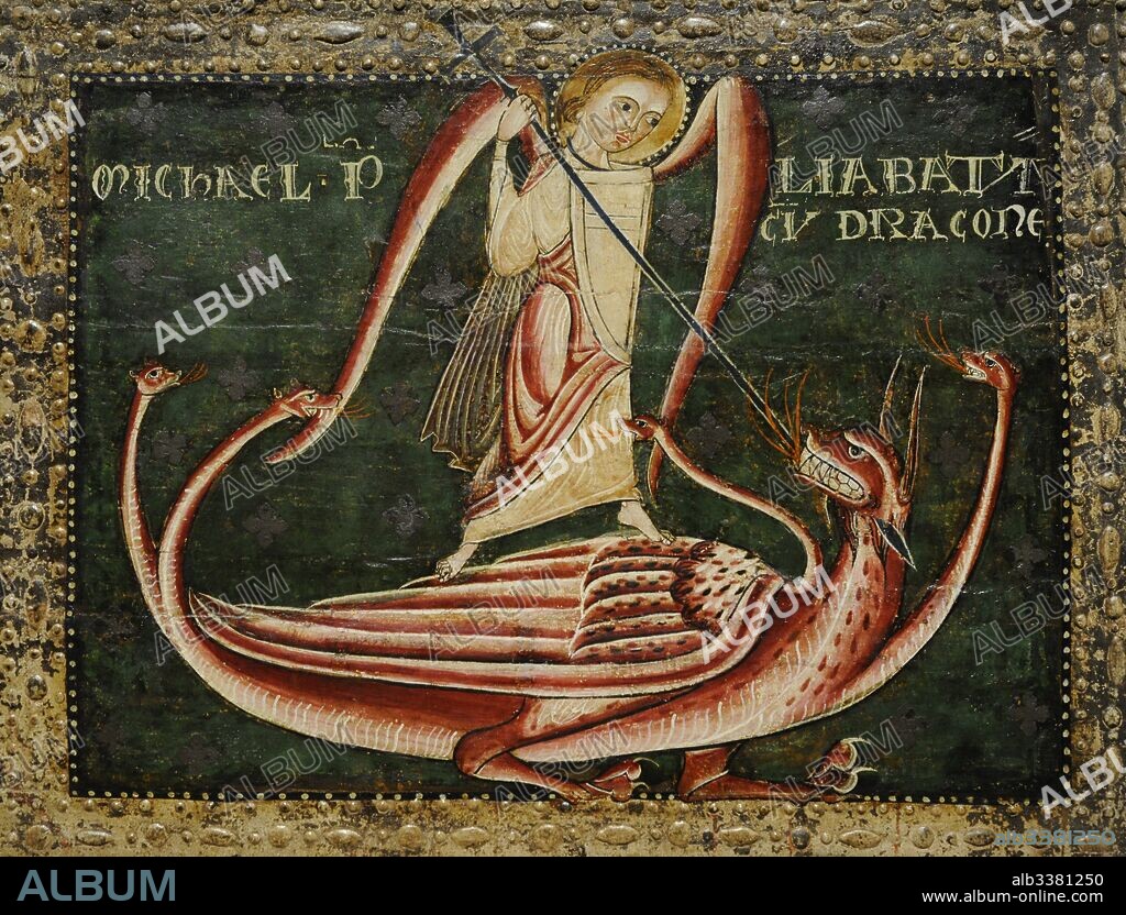 Master of Sant Pau de Casserres. Altar frontal of the Archangels. Detail depicting Saint Michael struggling the dragon. Second quarter of 13th century. Catalan origin. National Art Museum of Catalonia. Barcelona. Catalonia. Spain.