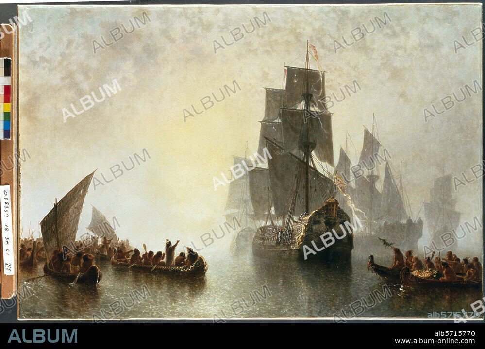 Entdeckungsgeschichte Amerikas / Englische Erkundungsreisen 1497/98 / Landung des John Cabot (Giovanni Caboto) am. 24. Juni 1497, wahrscheinlich auf Neufundland. "The Discovery of Newfoundland". Gemälde von Robert Dudley (tätig 1865-91). Öl auf Leinwand. Kunsthandel London, Sotheby's, 27. Mai 1988, Lot 50.