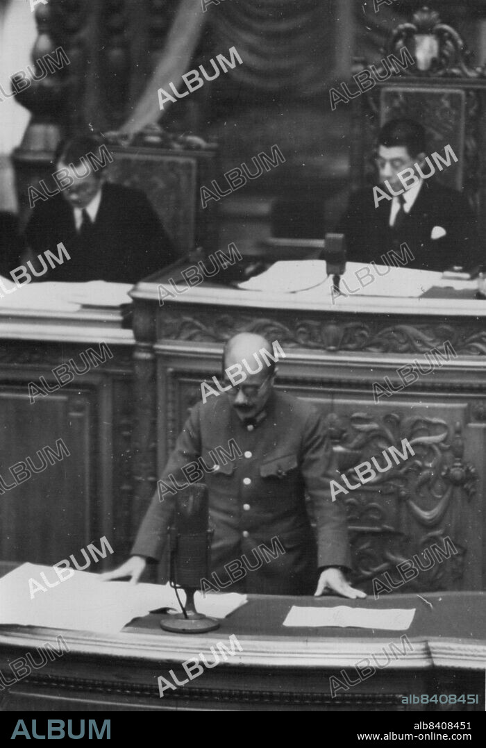 War Minister Tojo ... War Minister Hideki Tojo, was taken this morning at the House of Peers when the 76th session of the Imperial Diet, as the situation in Far East, in which he stated "The Chungking regime has been weakened tremendously in both fighting power and financial strength dut to consecutive campaigns staged by the Japanese fighting forces". January 21, 1941. (Photo by The Domei News Photos Service).