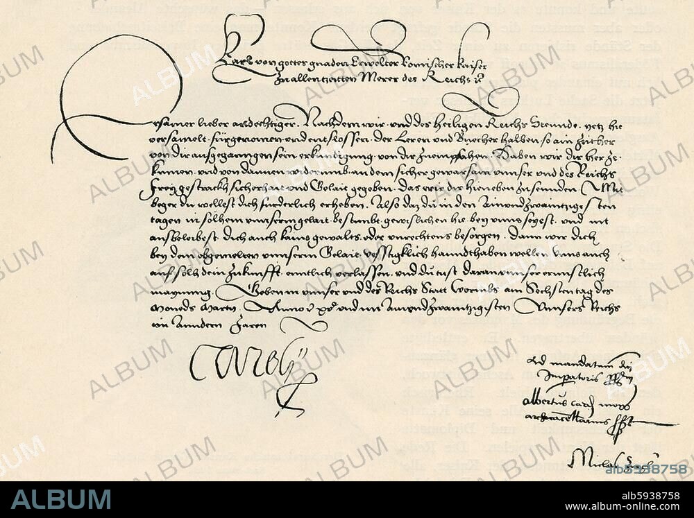 Luther, Martin Reformator Eisleben 10.11.1483- ebd. 18.2.1546. Vorladungsbrief Kaiser Karls V. an Luther zum Reichstag nach Worms. 6. März 1521.