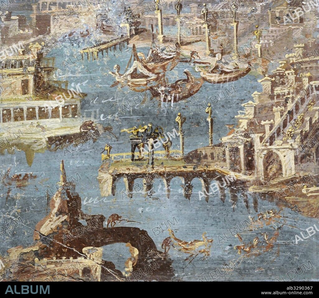 Roman fresco depicting a panorama of a port, usually identified with that of Pozzuoli. Second half of the 1st century AD. From Stabiae. National Archaeological Museum. Naples. Italy.