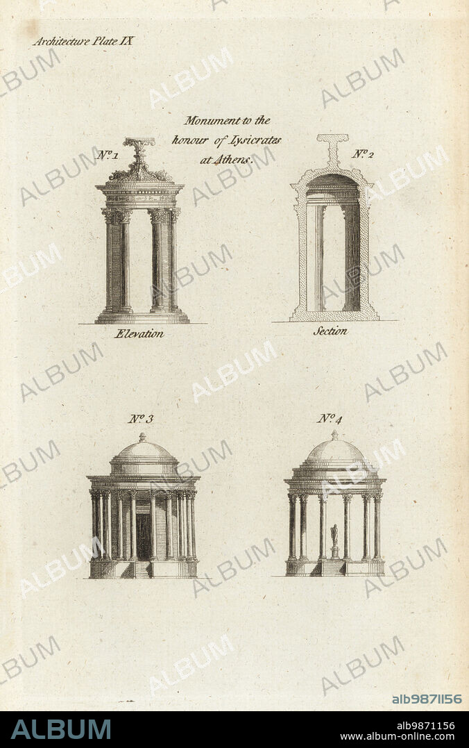 Ancient circular temples. Elevation and section of the Greek monument to the honour of Lysicrates, a victor in the public games, Athens 1,2. Elevation of a Roman temple to the Sybils or Venus at Tivoli 3, and a monopteral temple 4. Copperplate engraving from Francis Fitzgeralds The Artists Repository and Drawing Magazine, Charles Taylor, London, 1785.