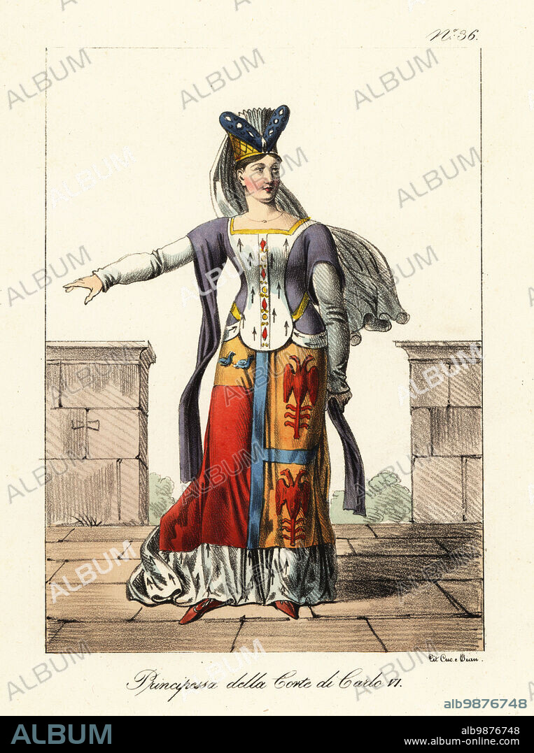 Costume of a French princess at the court of King Charles VI, late 14th century. In tall horned headdress with long veil, long-sleeved gown, bejeweled ermine front, armorial skirt with ermine hem. Charles the Mad's daughters included Isabella, Joan, Marie, Michellle, Catherine. Princesse de la cour de Charles VI.