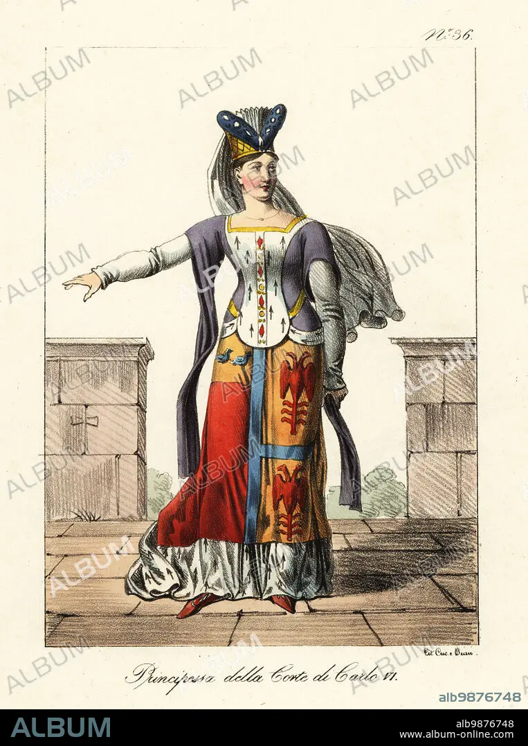 Costume of a French princess at the court of King Charles VI late 14th century. In tall horned headdress with long veil long sleeved gown bejeweled ermine front armori Album alb9876748
