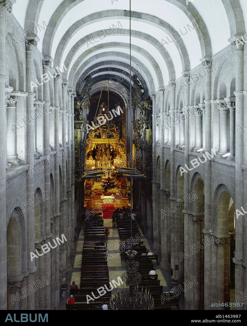 Santiago de Compostela, Galicia, Spain. Cathedral of Santiago. It was begun in 1075 under the archiepiscopal direction of Diego Peláez. Panoramic view of the central nave with the main altar in the background.