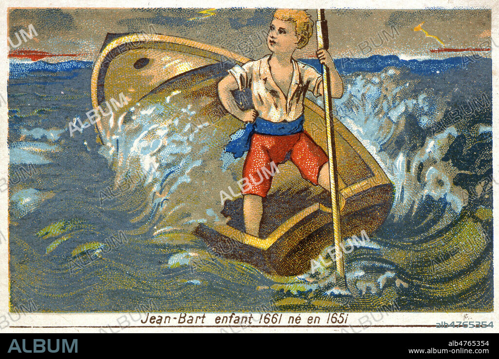 'Jean BART (1650-1702) enfant en 1661' naviguant deja dans une barque. Chromo du 19eme s. Credit : Collection KHARBINE-TAPABOR.