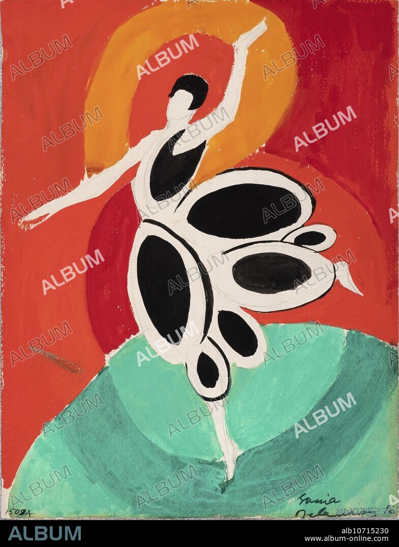 SONIA DELAUNAY-TERK. Sonia Delaunay / Dress for Gaby, watercolor. 1918. Creations for the star Gaby des Fleurs on the occasion of the premiere of the show "El número 1" at the Petit Casino in Madrid. 28 x 21 cm.