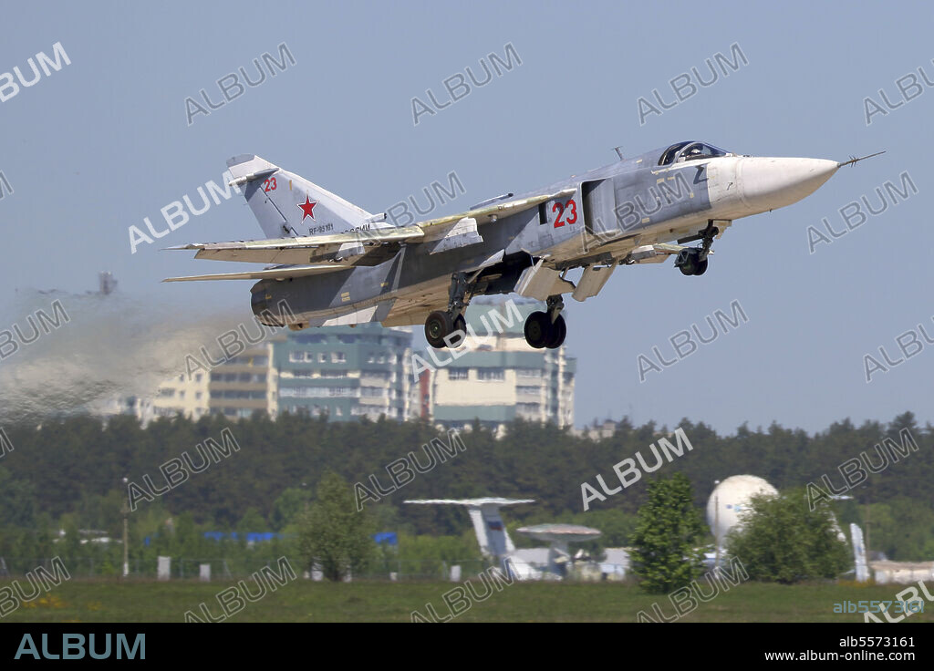 Sukhoi Su-24M2 frontline bomber of the Russian Air Force taking off, Zhukovsky, Russia.