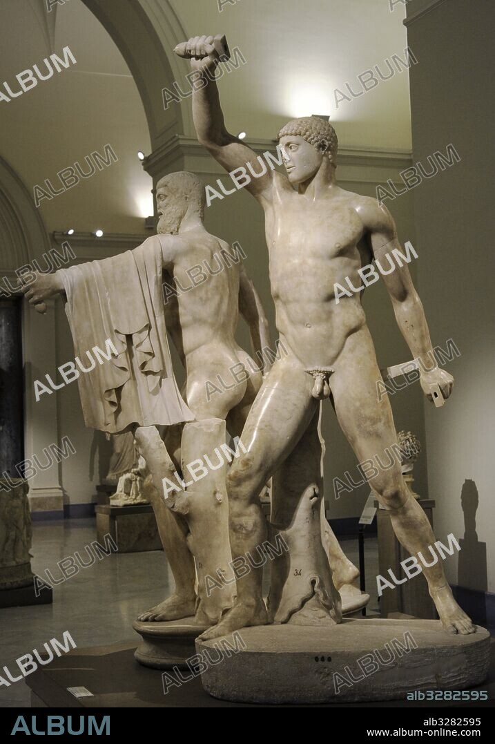 Harmodius and Aristogeiton, known as the Tyrannicides group. 2nd century AD, from a Greek original of the early classical period. National Archaeological Museum, Naples. Italy.