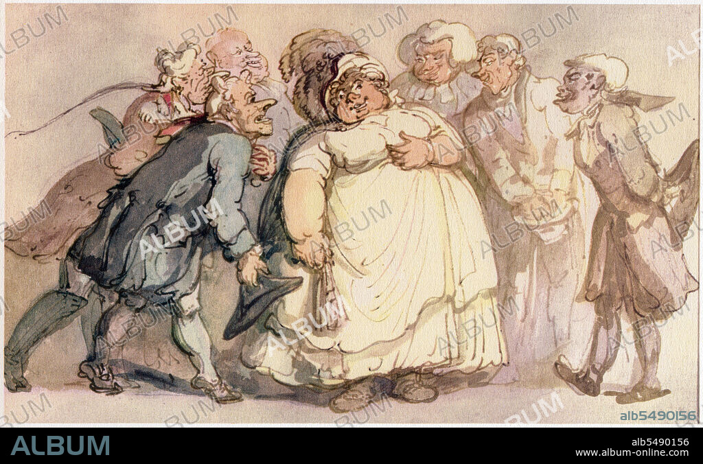 Suitors, c1780-1825. 'In "Suitors" we find one of the subjects drawn from Rowlandson's imagination, a source which was inexhaustible. These invasions of thought, coupled with his curiosity as to what might happen, often brought forth accidental and exceptional achievements that otherwise would not have come to pass...The types demand close study both for attitude and facial expression'. From "The Watercolour Drawings of Thomas Rowlandson from the Albert H. Wiggin Collection in the Boston Public Library" with commentary by Arthur W. Heintzelman. [Watson-Guptill Publications, Inc., New York, 1947].
