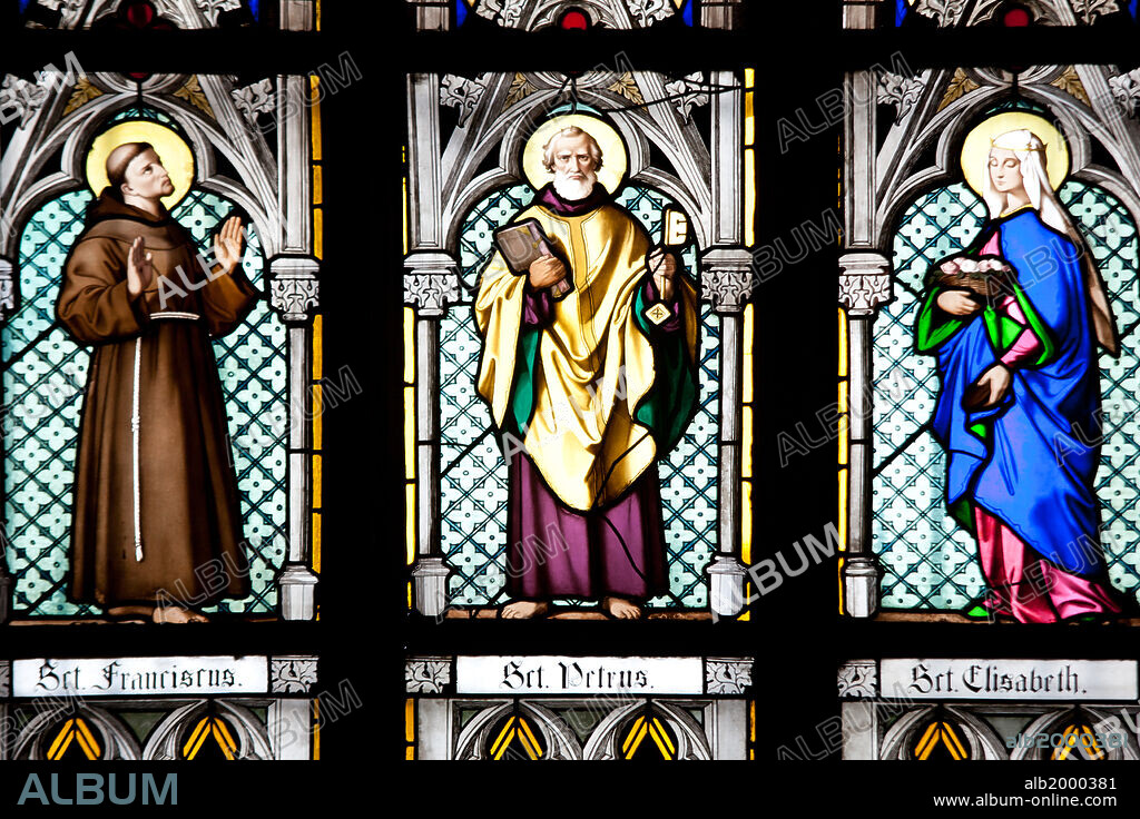 Prague, St. Vitus Cathedral, Stained Glass Window, St. Francis, St. Peter, Saint Elisabeth. Part of a Stained Glass window depicting, from left to right, St. Francis, St. Peter, and Saint Elizabeth.