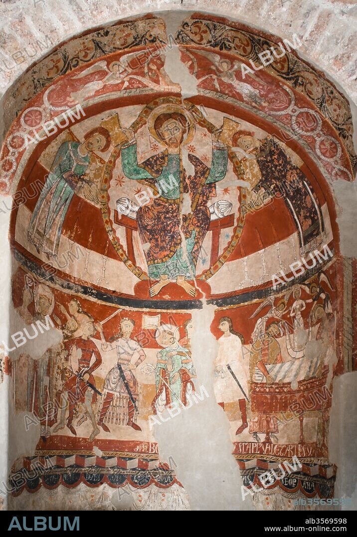 Mural paintings of the apse of the church of Santa María de Terrassa, representing in the upper part Christ and two characters (possibly Tomás Becket and Edward Grim) and in the lower part three scenes, on the left the arrest of Saint Thomas, in the center, the martírio del Santo and on the right side the glorification of Santo Tomás, Xth Century, Terrassa, Barcelona, Catalonia, Spain.
