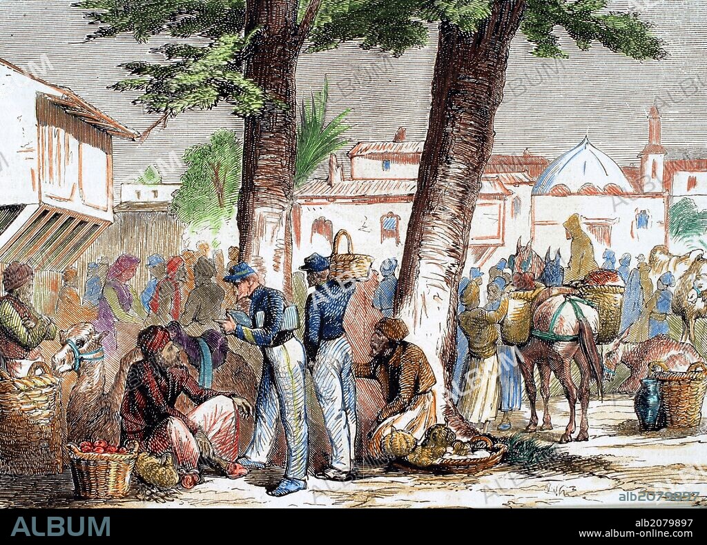 COLONIALISMO SIGLO XIX. FRANCIA. "SOLDADOS EN UN MERCADO EN SIRIA". Grabado coloreado de L'Illustration, año 1860.