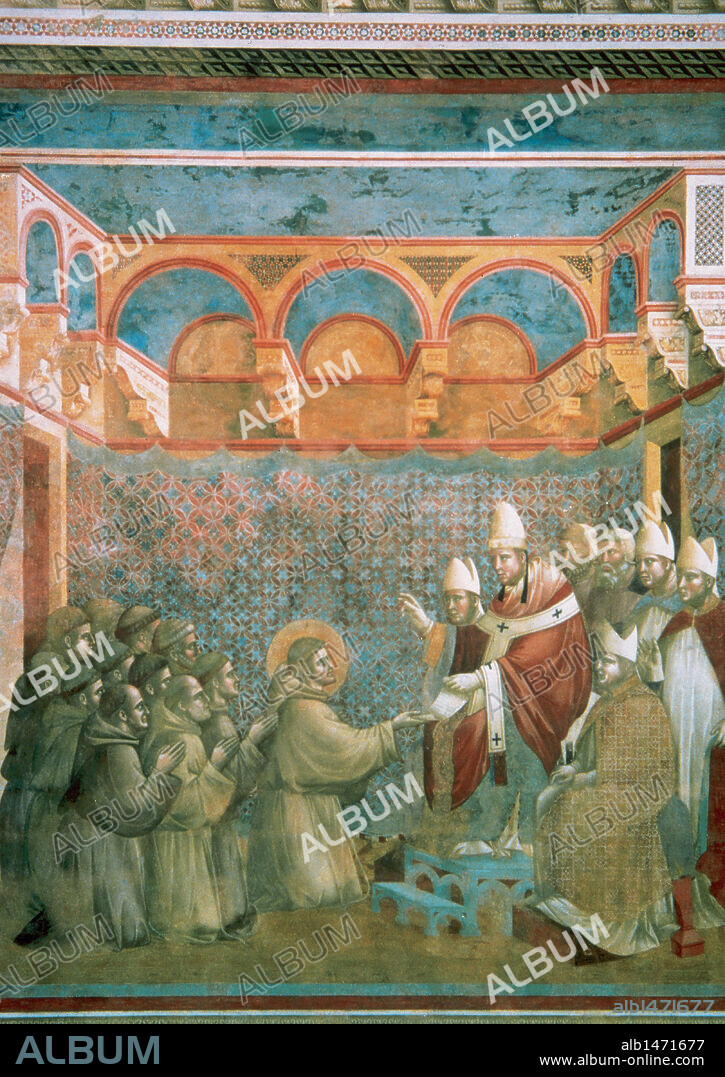 Gothic Art. Italy. Giotto di Bondone (1266/7-1337). Italian painter and architect. Pope Innocent III approving the monastic rule of St. Francis of Assisi (1296). Fresco of the Upper Church of St. Francis. Assisi. Italy.