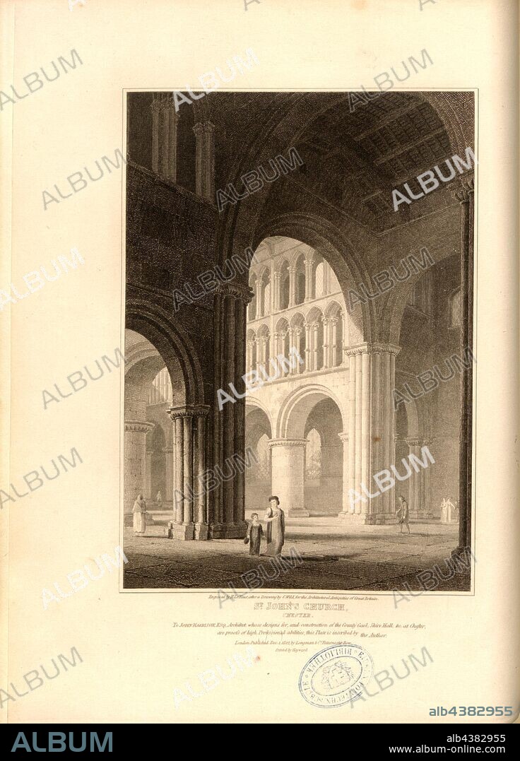St. John's Church, Chester, St John the Baptist Church in Chester, signed: Engraved by H. Le Keux, after a drawing by C. Wild; Published by Longman & Co, Fig. 15, p. 52, Wild, C. (drawing); Keux, John Henry Le (engraving); Longman & Co. (published), 1812, John Britton: The architectural antiquities of Great Britain: represented and illustrated in a series of views, elevations, plans, sections and details of various ancient English edifices: with historical and descriptive accounts of each. Bd. 4. London: J. Taylor, 1807-1826.