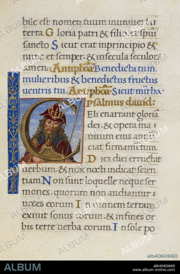 David playing a psaltery. Mirandola Hours. Italy, circa 1490-1499. [Whole folio] Text page from the Hours of the Virgin. Beginning of Psalm 18 with initial 'C'; David playing a psaltery. Image taken from Mirandola Hours. Originally published/produced in Italy, circa 1490-1499. Source: Add. 50002, f.16. Language: Latin.