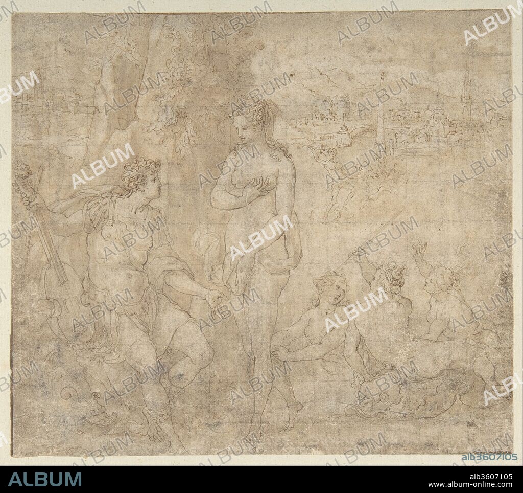 Apollo and Galatea in a Landscape with Neptune and Three Nymphs. Artist: Emilian artist near Orazio Samacchini (Italian, Bologna 1532-1577 Bologna). Dimensions: 7 1/16 × 8 1/16 in. (18 × 20.5 cm). Date: 1550-60.
Formerly considered as a work by Niccolò dell'Abate (Cleveland 1981, no. 83), Jacob Bean published this drawing in 1982, more generally as by an anonymous 16th century Emilian artist (Bean 1982, no. 290). Though somewhat timid in execution, this drawing seems closest to the style of the Bolognese painter Orazio Samacchini, as suggested by the notes on the modern mount written by Mario di Giampaolo, Marzia Faietti, and Timothy Clifford. While endorsed by Carmen C. Bambach, the attribution to Samacchini was rejected by Babette Bohnn and Jak Katalan, who also thought more generally of an artist active at Fontainebleau (notes on the mount). In 1979, Philip Pouncey recognized that a drawing in the Musée du Louvre, Paris (inv. 10494) attributed to Samacchini features the same composition of Apollo, Galatea and her Nymphs, with slight modifications (especially in the pose of Galatea). Pouncey noted that the composition, although drawn by Samacchini, had been strongly inspired by a prototype of Niccolò dell'Abate.
While the two drawings are very similar in size (Louvre: 19.8 x 24.8 cm; Metropolitan Museum of Art: 18.0 x 20.5 cm), they are somewhat different in style. The sheet in the Louvre seems bolder and more expressive, while the one in the Museum is more delicate and is defined by neat outlines in pen and ink.
(C.C.B. / F.R.).