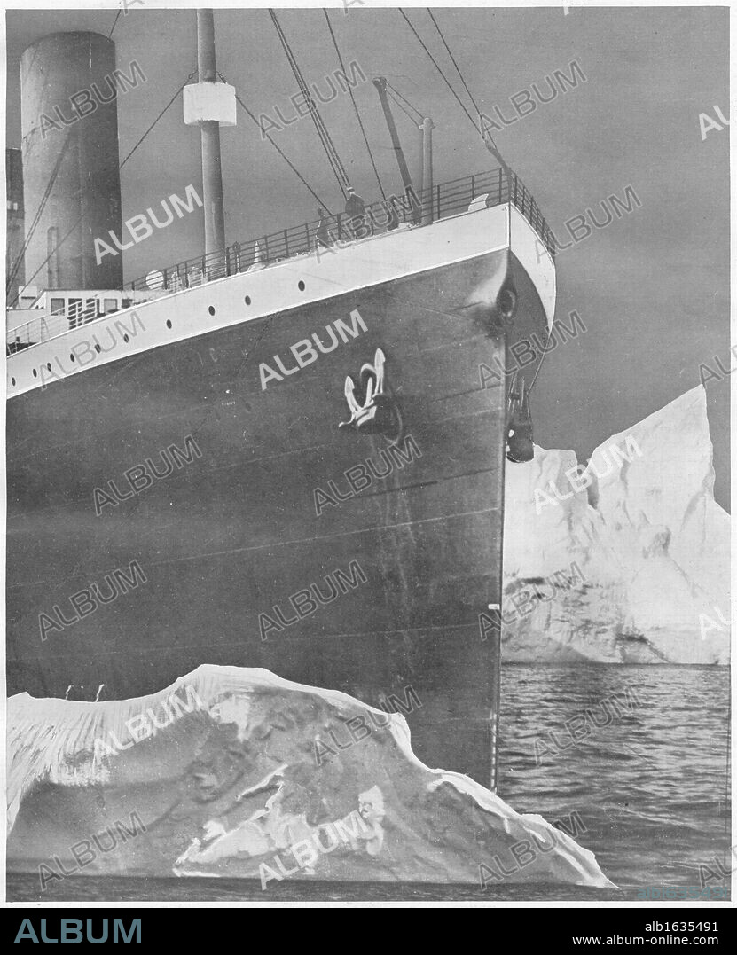 Titanic Hitting Iceberg. RMS Titanic Striking Iceberg. Illustration shows White Star Liner RMS Titanic hitting the iceberg that caused it to sink off the coast of Newfoundland on 15th April 1912 on her maiden voyage from Southampton, England to New York, USA. The steamship was built by Harland & Wolff in Belfast, Ireland in 1910 - 1911. (Photo by Titanic Images/Universal Images Group).