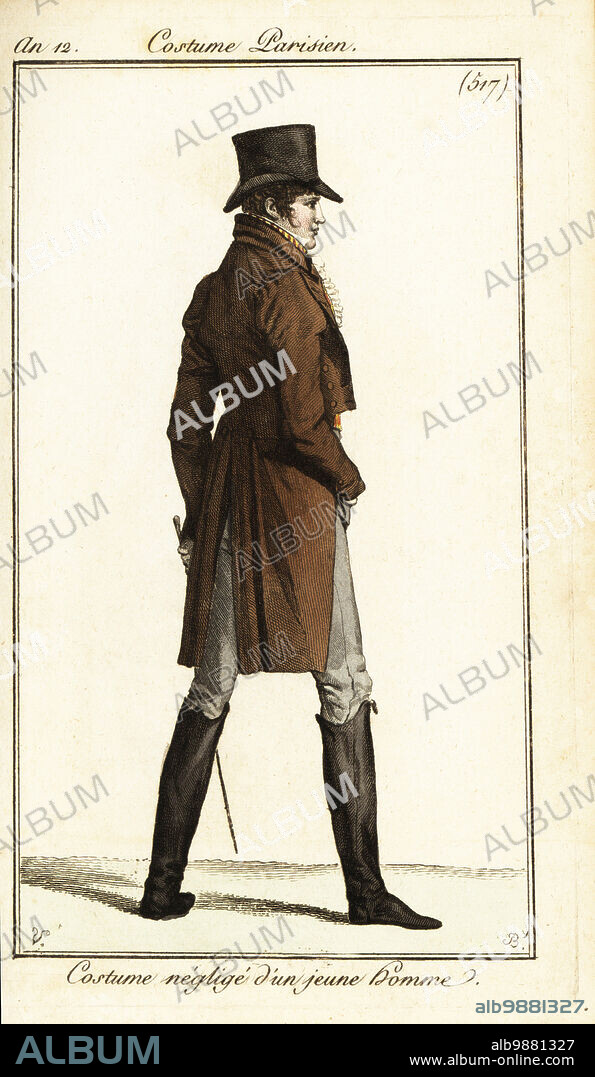 French dandy in casual costume, Paris, 1804. He wears a top hat, cravatte, frock coat, waistcoat, breeches and boots. Costume neglige d'un jeune homme. Handcoloured copperplate engraving by Pierre-Charles Baquoy after Carle Vernet from Pierre de la Mesangeres Journal des Dames et des Modes, Magazine of Women and Fashion, Paris, An 12, 1804.