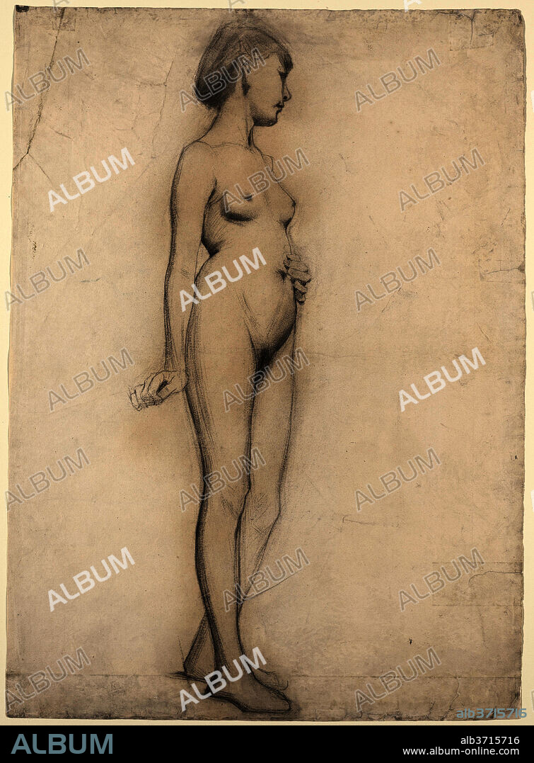 THOMAS HOVENDEN. Standing Nude Girl. Dimensions: overall: 62.2 x 44.5 cm (24 1/2 x 17 1/2 in.). Medium: charcoal on off-white laid paper.