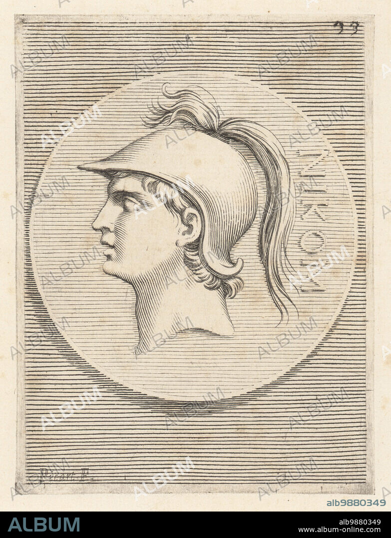 Nicomedes I, second king of Bithynia, eldest son of Zipoetes I, whom he succeeded on the throne, c. 300-255 BC. Nicomedes of Bithynia. Head of a young man in crested helmet from a bronze medal. Nikom. Copperplate engraving by Etienne Picart after Giovanni Angelo Canini from Iconografia, cioe disegni d'imagini de famosissimi monarchi, regi, filososi, poeti ed oratori dell' Antichita, Drawings of images of famous monarchs, kings, philosophers, poets and orators of Antiquity, Ignatio deLazari, Rome, 1699.