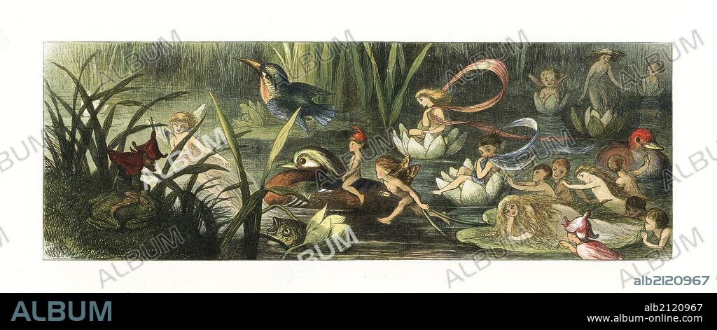 Water lilies and water fairies of the period. Water nymphs on lilypads and lily boats drawn by kingfishers, ducks and flying goblins. Handcoloured woodblock print by Edmund Evans after an illustration by Richard Doyle from In Fairyland, a series of Pictures from the Elf World, Longman, London, 1870.