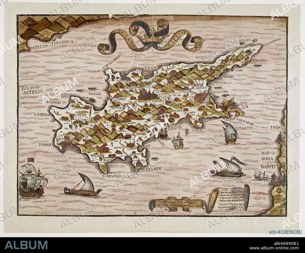 A map of Cyprus. Isola di Cipro. Die warachitige beschryvinge van dat eylant van Cipers met alleÌ„ de stedeÌ„ sloten ende ghehuchten. Thanwerpen : Silvester van Parijs, [1566]. Source: Maps * 47685.(13.).