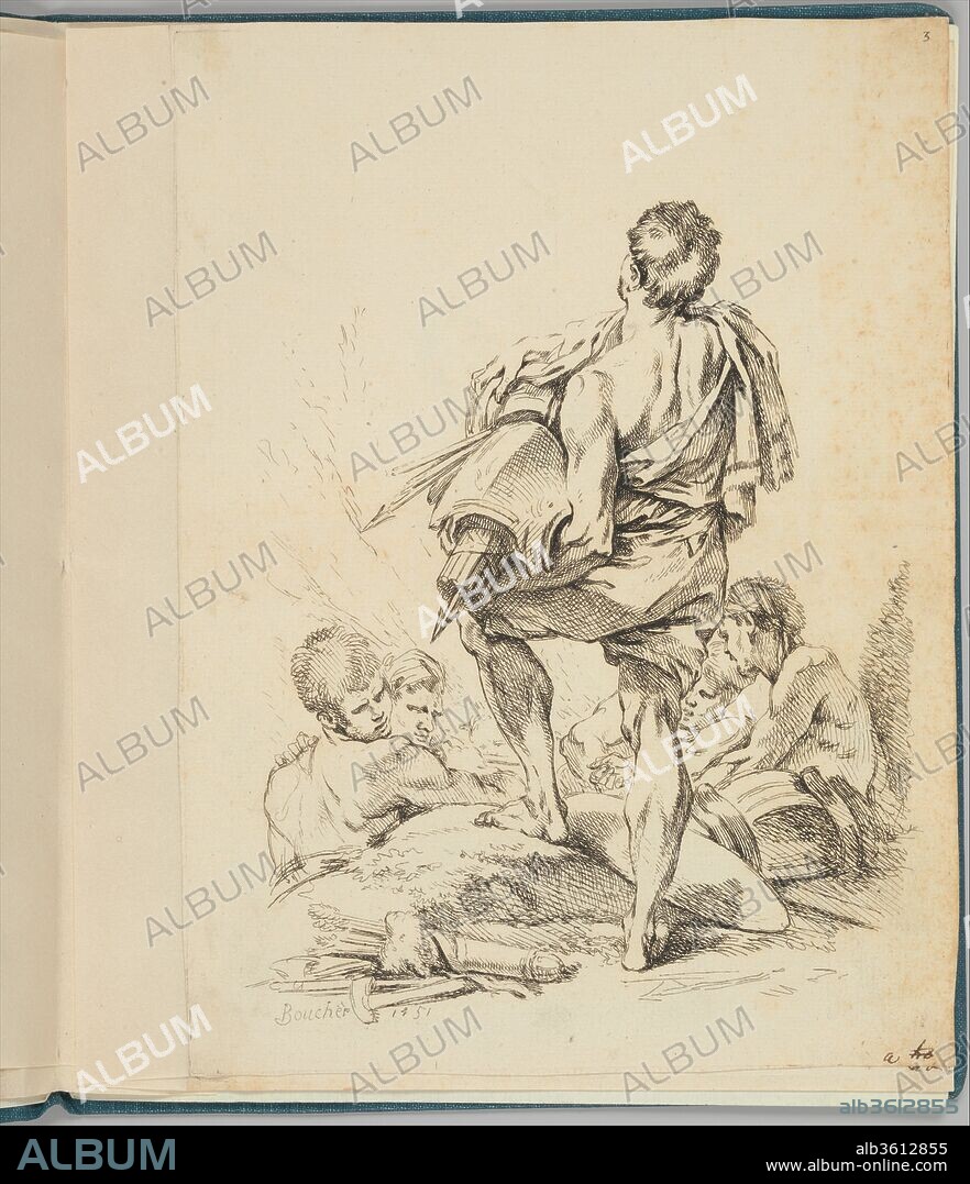 FRANCOIS BOUCHER. A Man, seen from behind, holding a trophy of arms, from Nouveau Livre de diverse Figures (New Book of Various Figures). Artist: François Boucher (French, Paris 1703-1770 Paris). Dimensions: Sheet: 9 7/16 x 7 in. (24 x 17.8 cm). Publisher: Gabriel Huquier (French, Orléans 1695-1772 Paris). Series/Portfolio: Nouveau Livre de diverse Figures. Date: 1751.