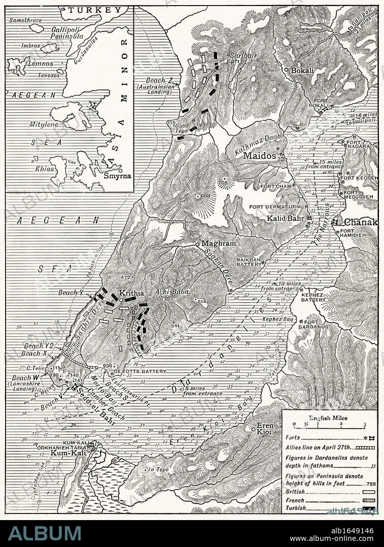 The Gallipoli Campaign. Map illustrating operations of Allies under Sir Ian Hamilton from the landing on April 25 to May 30 1915. From The Great World War A History Volume III, published 1916.