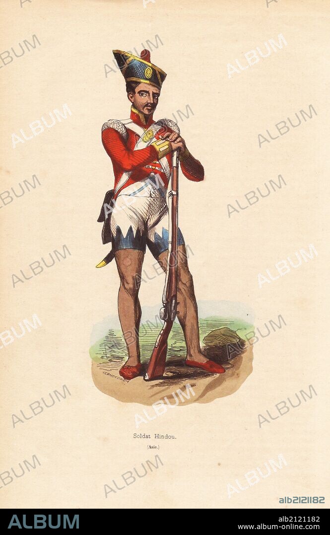 Indian sepoy (soldier) of the Bengal Army in helmet, jacket with epaulettes, shorts and slippers, carrying a musket and sword. Handcoloured woodcut by Vermorcken after an illustration by H. Hendrickx from Auguste Wahlen's "Moeurs, Usages et Costumes de tous les Peuples du Monde," Librairie Historique-Artistique, Brussels, 1845. Wahlen was the pseudonym of Jean-Francois-Nicolas Loumyer (1801-1875), a writer and archivist with the Heraldic Department of Belgium. Illustration adapted from George Fitzclarence's "Journal of a Route across India," 1819.