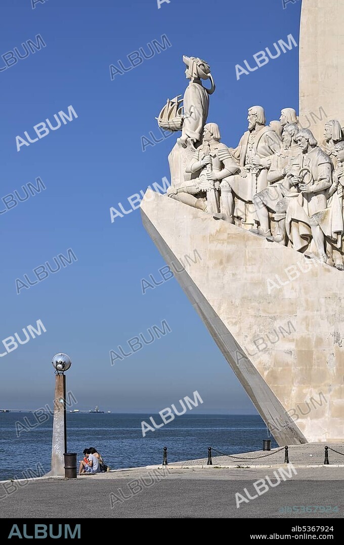 Monument to the Discoveries, Padrao dos Descobrimentos, with great people of the Portuguese seafaring history, on the estuary of the Tagus river, Belem, Lisbon, Portugal, Europe.