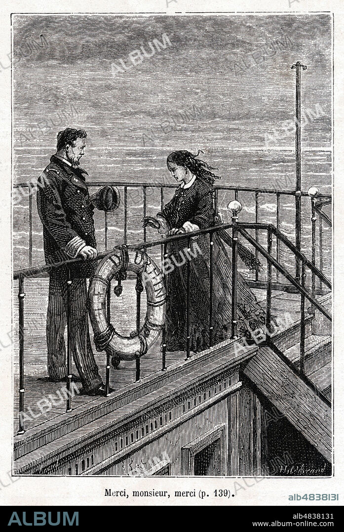 Merci, monsieur, merci (Jenny Halliburt et le Capitaine). Illustration de 1871 par Jules FERAT (ne en 1829) pour Les forceurs de blocus de Jules VERNE (1828-1905). Credit : Collection Jonas/Kharbine-Tapabor.