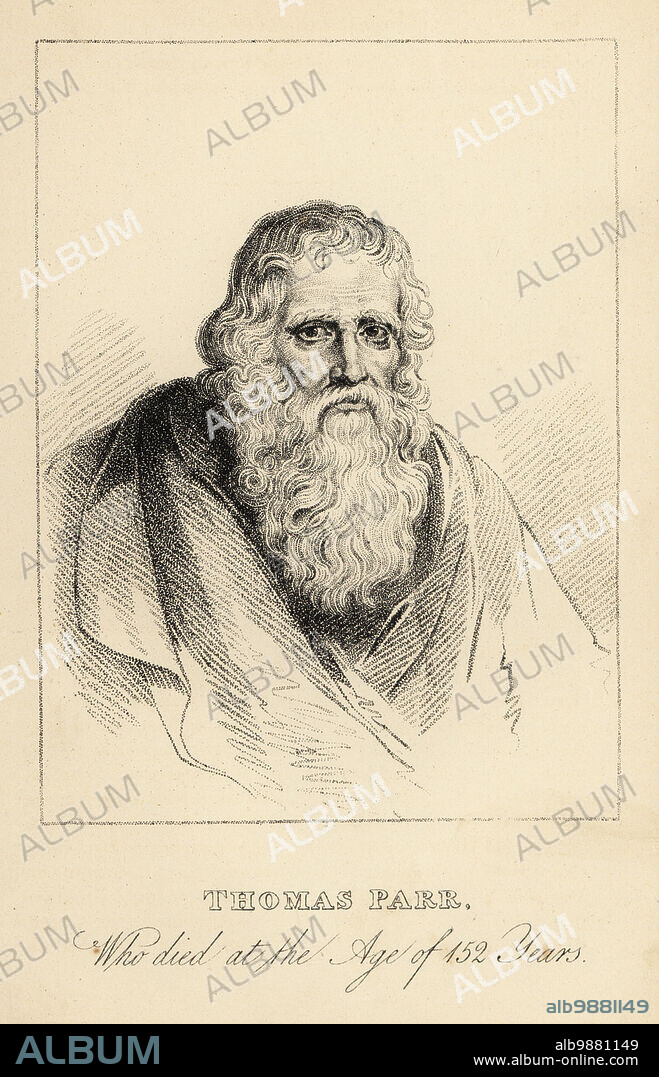 Thomas Parr, who died at the age of 152 years. Old Tom Parr or Old Parr married Jane Taylor at age 80, had an affair with Katharin Milton at age 105, and married Jane Adda (or Jane Lloyd) at age 122. (According to Grainger, he married Catherine Milton at age 120.) Face of Old Parr whisky. Lithograph after a stipple engraving by R. Page after a portrait by Peter Paul Rubens from Henry Wilson and James Caulfields Book of Wonderful Characters, Memoirs and Anecdotes, of Remarkable and Eccentric Persons in all ages and countries, John Camden Hotten, Piccadilly, London, 1869.