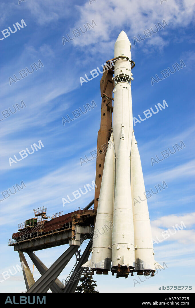 Replica of Vostok 1 rocket that was used by Yuri Gagarin, the first man in space. On display at the All-Russian Exhibition Centre, Moscow, Russia.