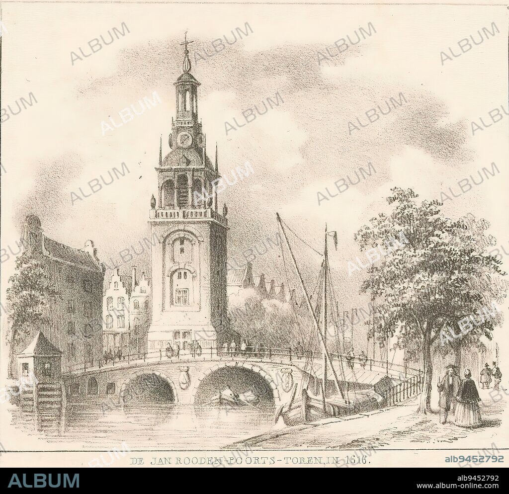 View of the Jan Roodenpoortstoren in Amsterdam, 1616, The Jan Rooden-Poorts-Tower, in 1616 (title on object), View of the Jan Roodenpoortstoren in Amsterdam, situated on the corner of the Singel and the Torensteeg, in the situation around 1616., print maker: Johannes Hilverdink, (possibly), printer: Ruurt de Vries, publisher: Gebroeders Diederichs, Amsterdam, 1844, paper, height 103 mm × width 126 mm.