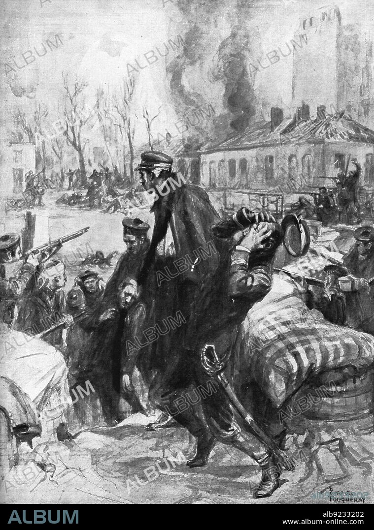 FOUQUERAY CHARLES. ''La Bataille des Flandres; Les fusiliers marins soutenant un combat de rues dans Dixmude', 1914. From "L'Album de la Guerre 1914-1919: Volume I". [L'Illustration, Paris, 1926].