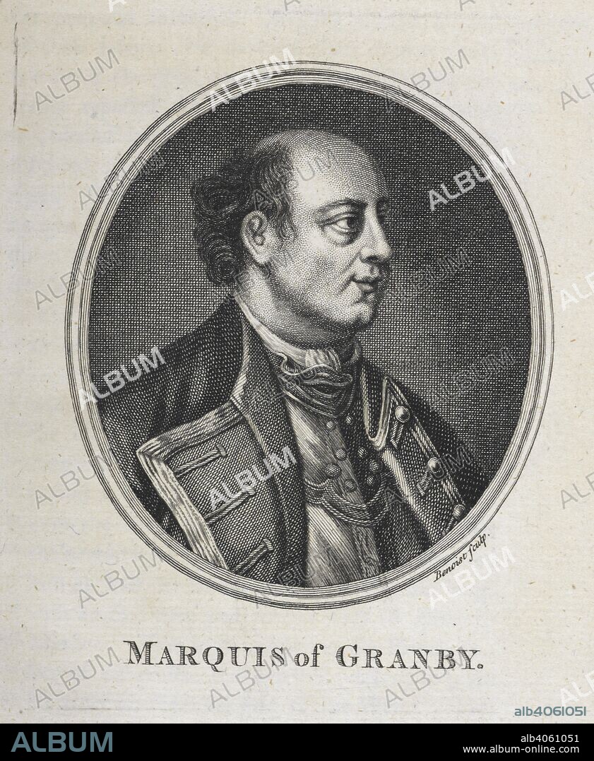 JOHN ENTICK. Portrait of the Marquis of Granby. John Manners, Marquess of Granby PC, (2 January 1721 â€“ 18 October 1770), British soldier. Granby served in the Seven Years' War as overall commander of the British troops on the battlefield and was subsequently rewarded with the post of Commander-in-Chief of the Forces. He was popular with his troops and many public houses are still named after him today. The general History of the late War in ... America ... London, 1763, 64. Source: 9073.dd.11.(4) Opposite page 14.