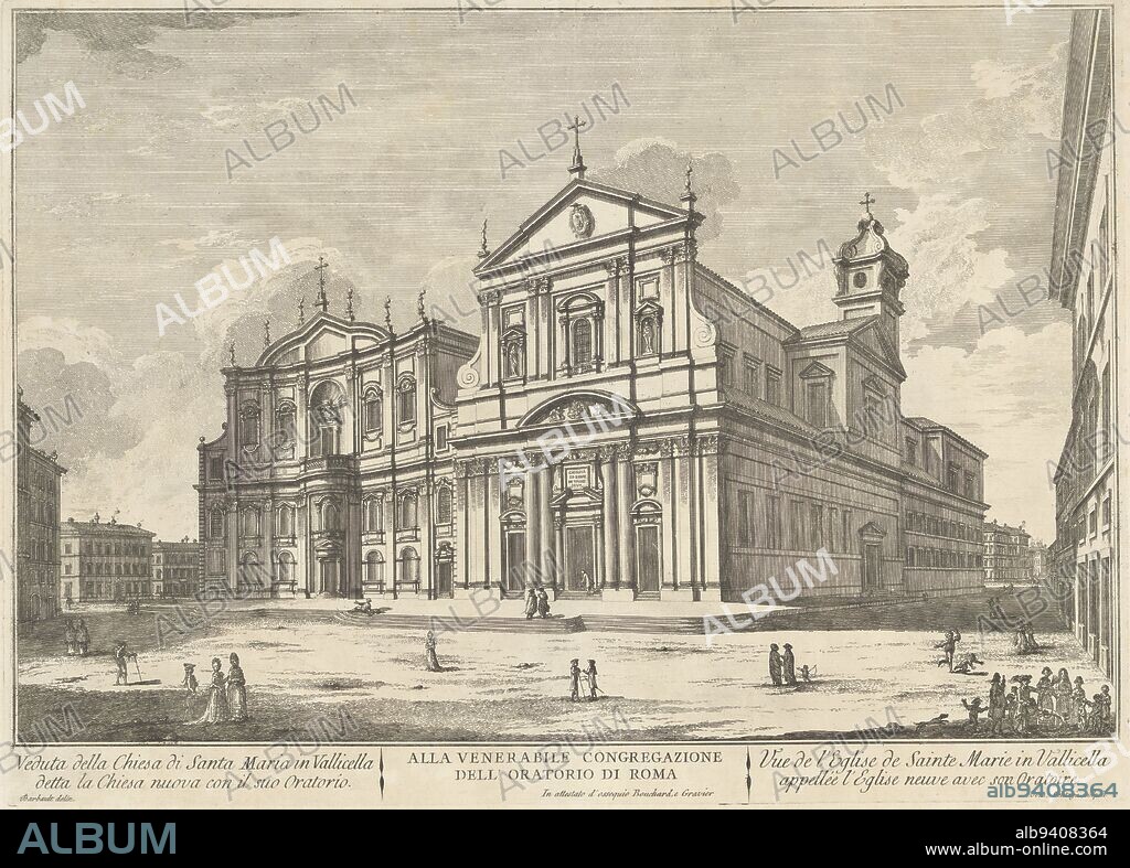 View of the Chiesa Nuova in Rome, officially called Santa Maria in Vallicella. Titles in French and Italian and an assignment in the lower margin, Chiesa Nuova in Rome Veduta della Chiesa di S. Maria in Vallicella detta la Chiesa nuova con suo Oratorio / Vue de l'Eglise de Sainte MArie in Vallicella appellée l'Eglise neuve avec son Oratoire., print maker: Domenico Montaigù, (mentioned on object), intermediary draughtsman: Jean Barbault, (mentioned on object), J. Bouchard & J.J. Gravier, (mentioned on object), print maker: Italy, Rome, c. 1750 - c. 1799, paper, etching, h 415 mm × w 580 mm.