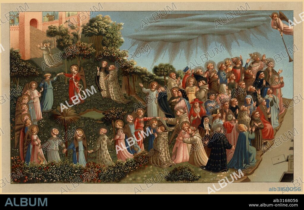 FRA ANGELICO. Los elegidos señalados en la frente por una lengua de fuego. Fragmento de la tabla del Juicio final, obra de Fra Angélico. Siglo XV. Facsímil de 1877.